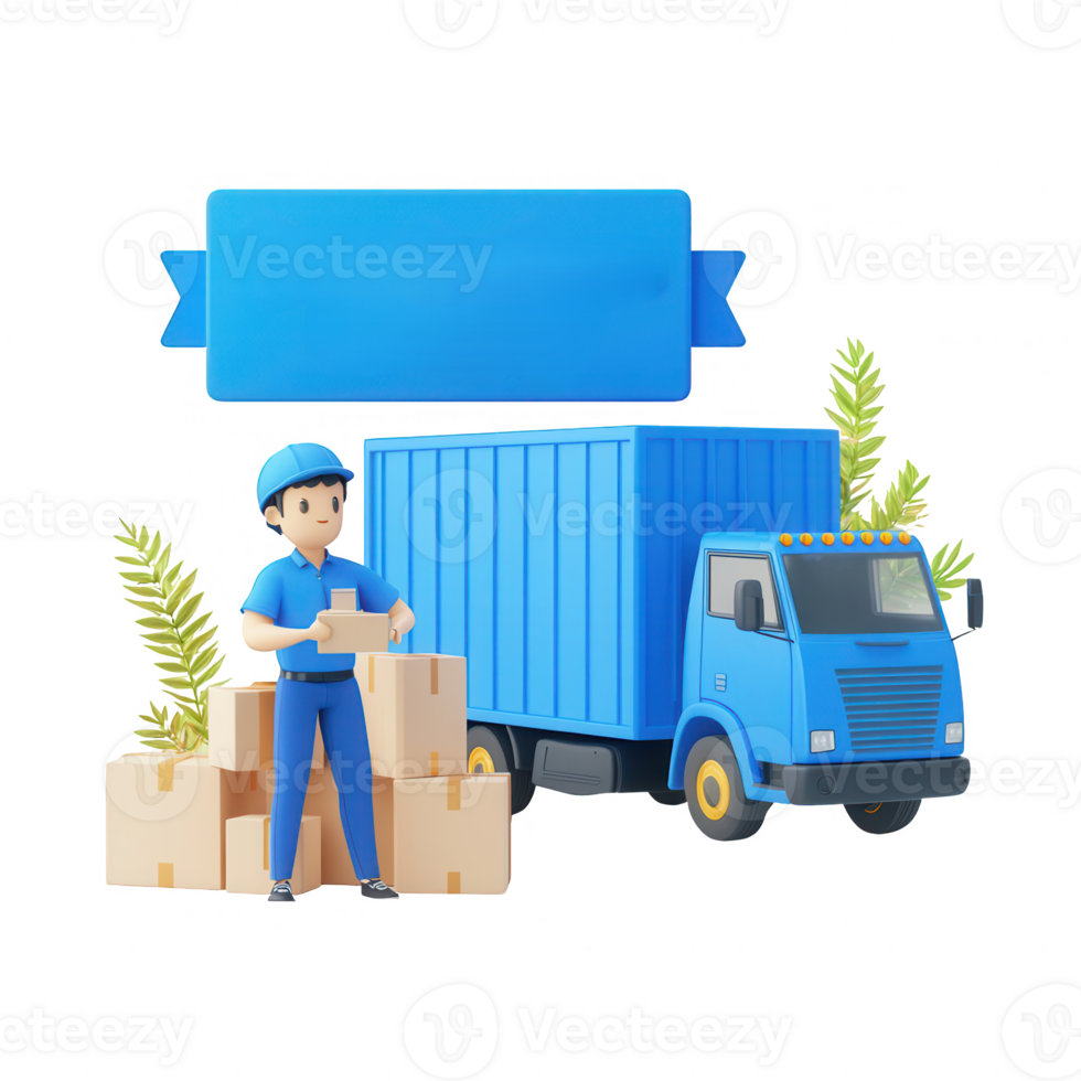 A worker organizing boxes next to a blue delivery truck in a vibrant setting. png
