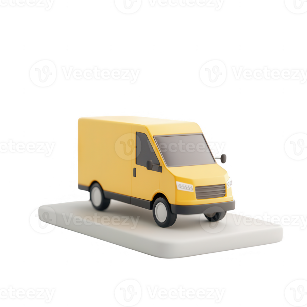 A stylized yellow delivery van on a minimalist platform, showcasing modern transport design. png