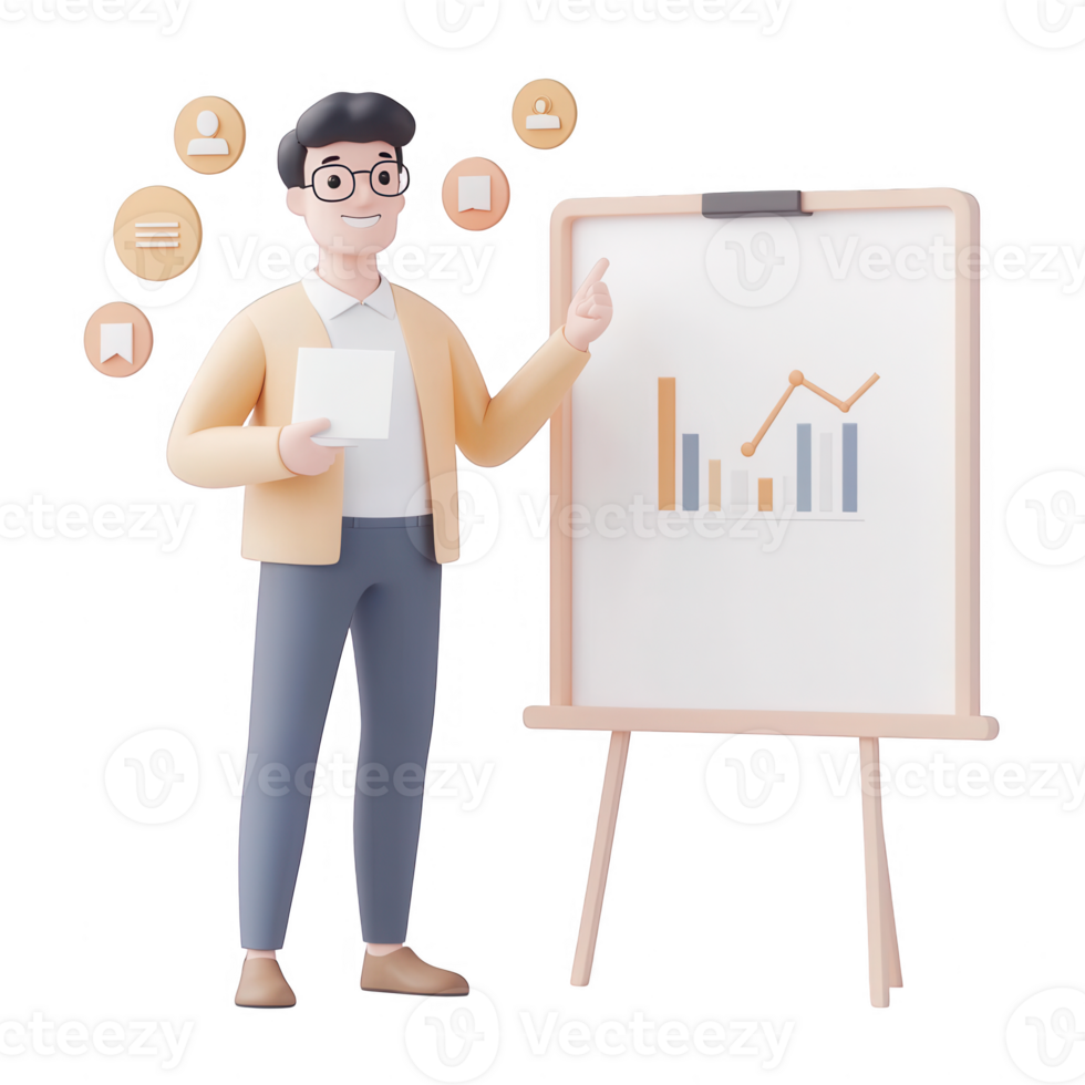 A professional man presenting data insights on a chart for effective communication. png