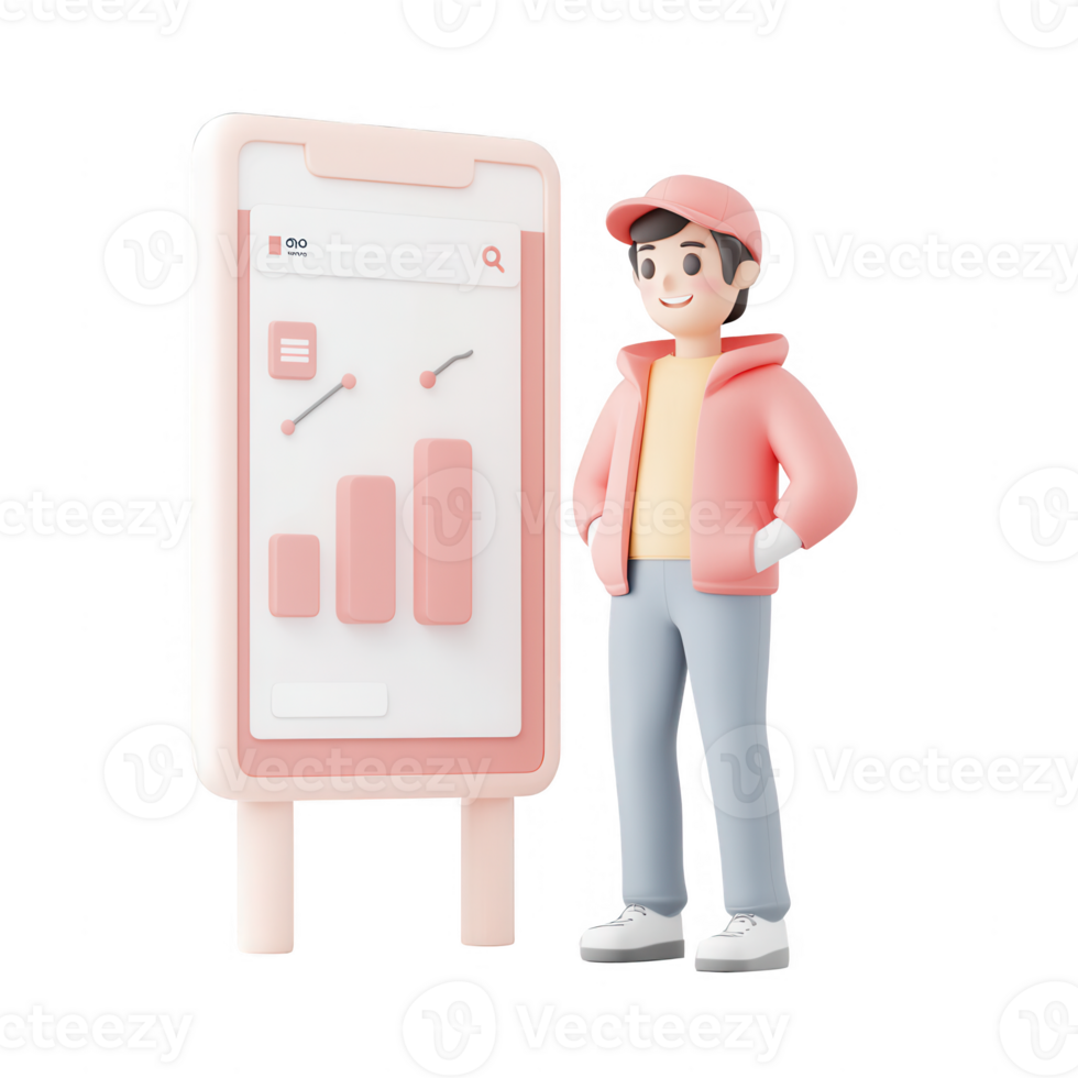 A young person standing next to a modern smartphone with a data analytics display. png