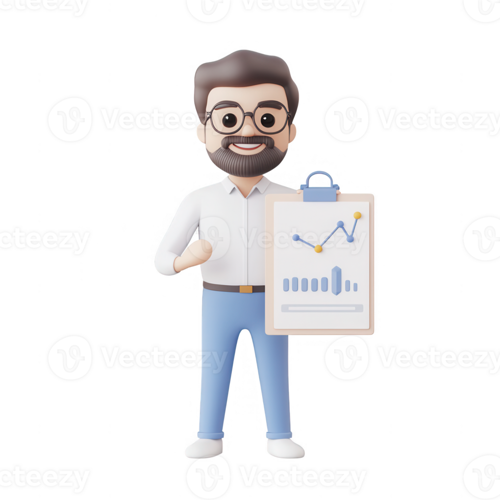 Cheerful businessman holding a report with graphs and analysis for corporate success. png