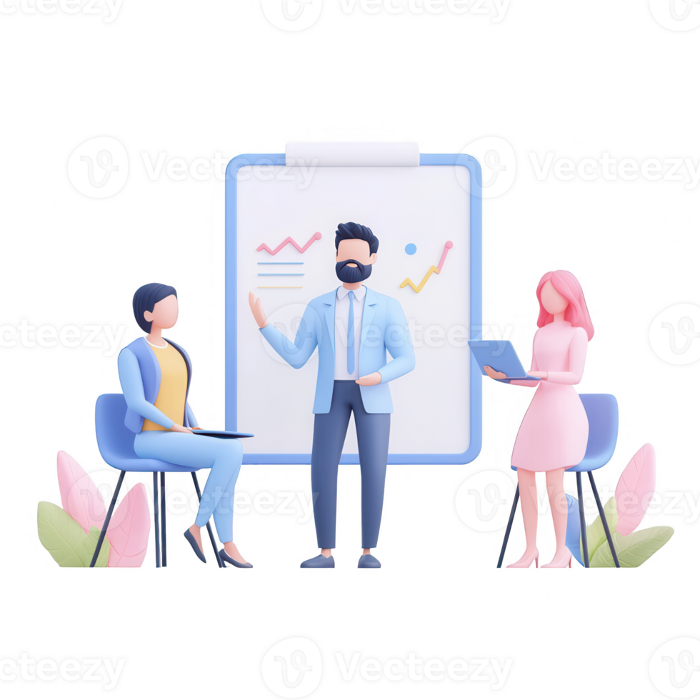 A team meeting with three professionals discussing data and strategies. png