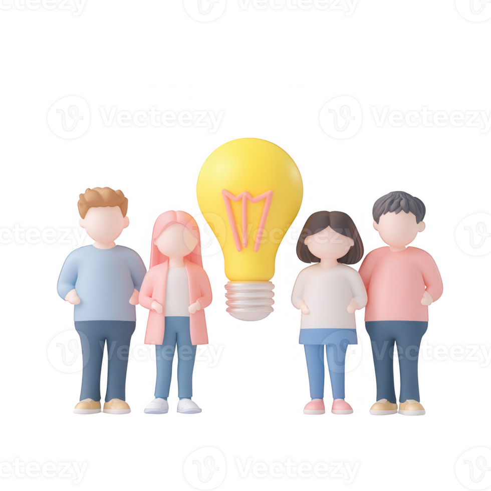 A team of four diverse people stands next to a symbolic light bulb representing ideas. png