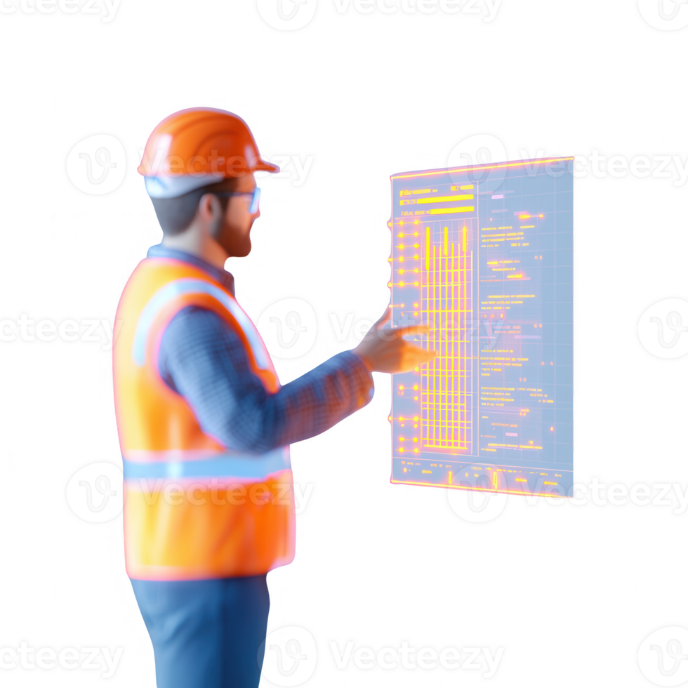 An engineer analyzing data on a digital tablet in a construction environment. png