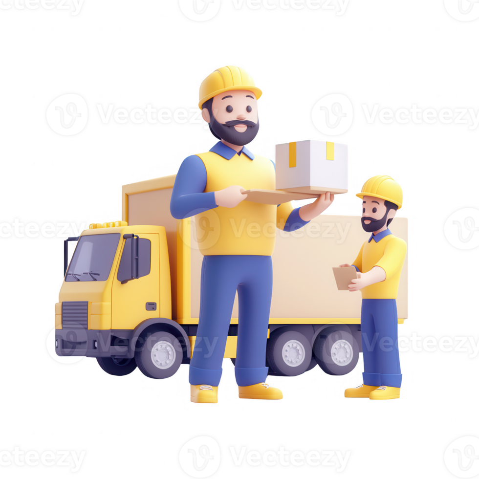 Illustration of delivery workers handling packages near a delivery truck. png