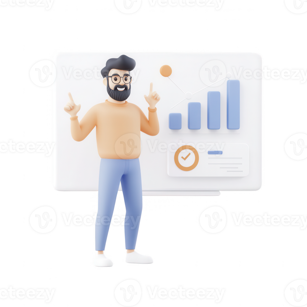 A smiling man presenting data analysis with charts and graphs for insights. png