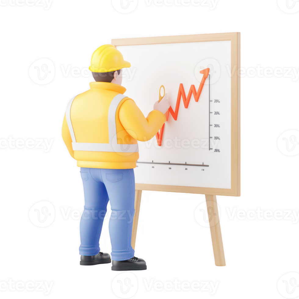 A construction worker analyzing growth trends on a chart for project planning. png