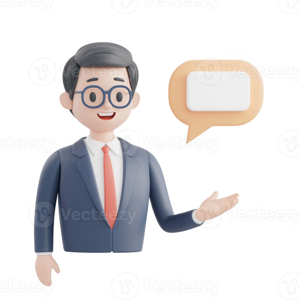 A professional man engaging in conversation with a speech bubble. png