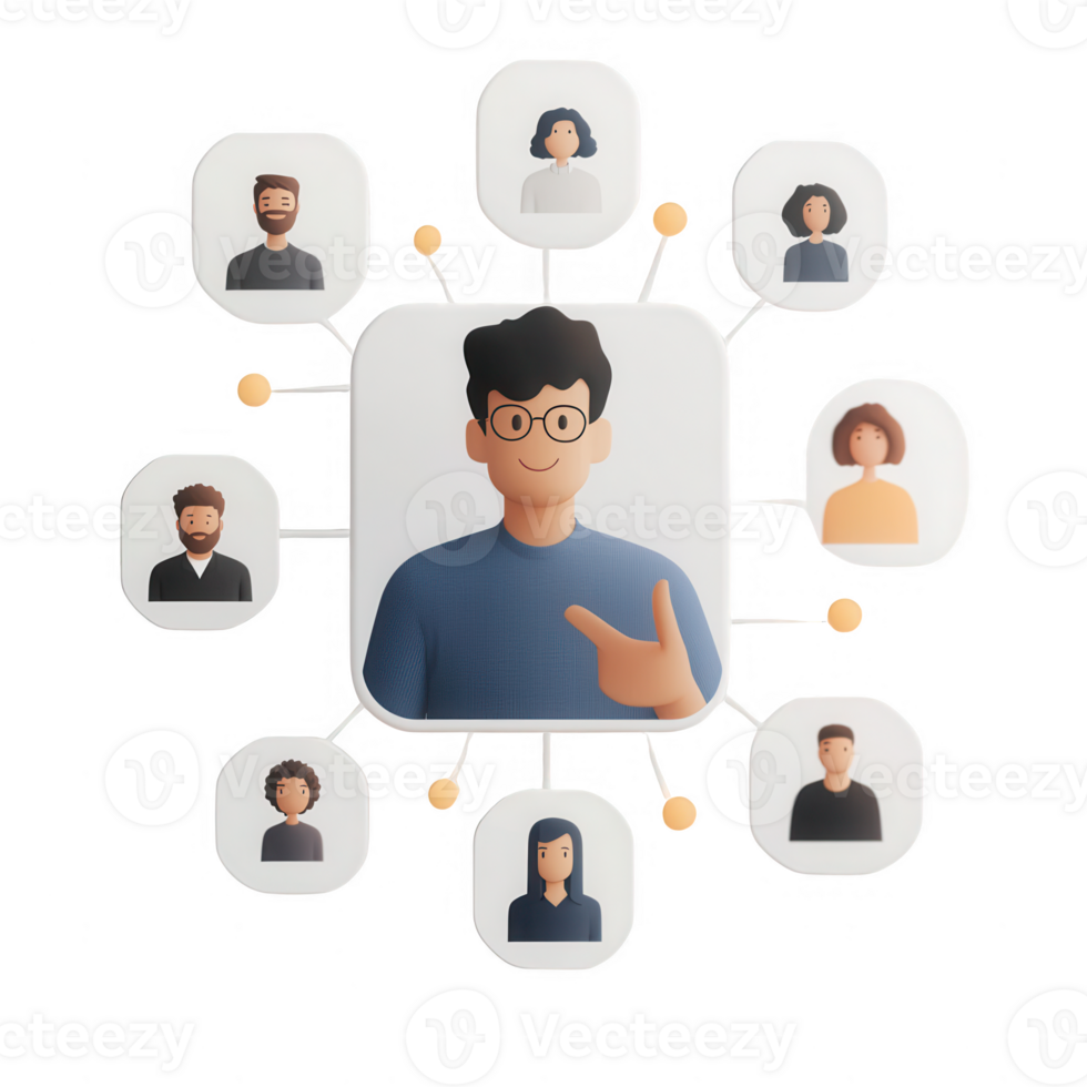 A digital network of diverse individuals connected in a collaborative environment. png