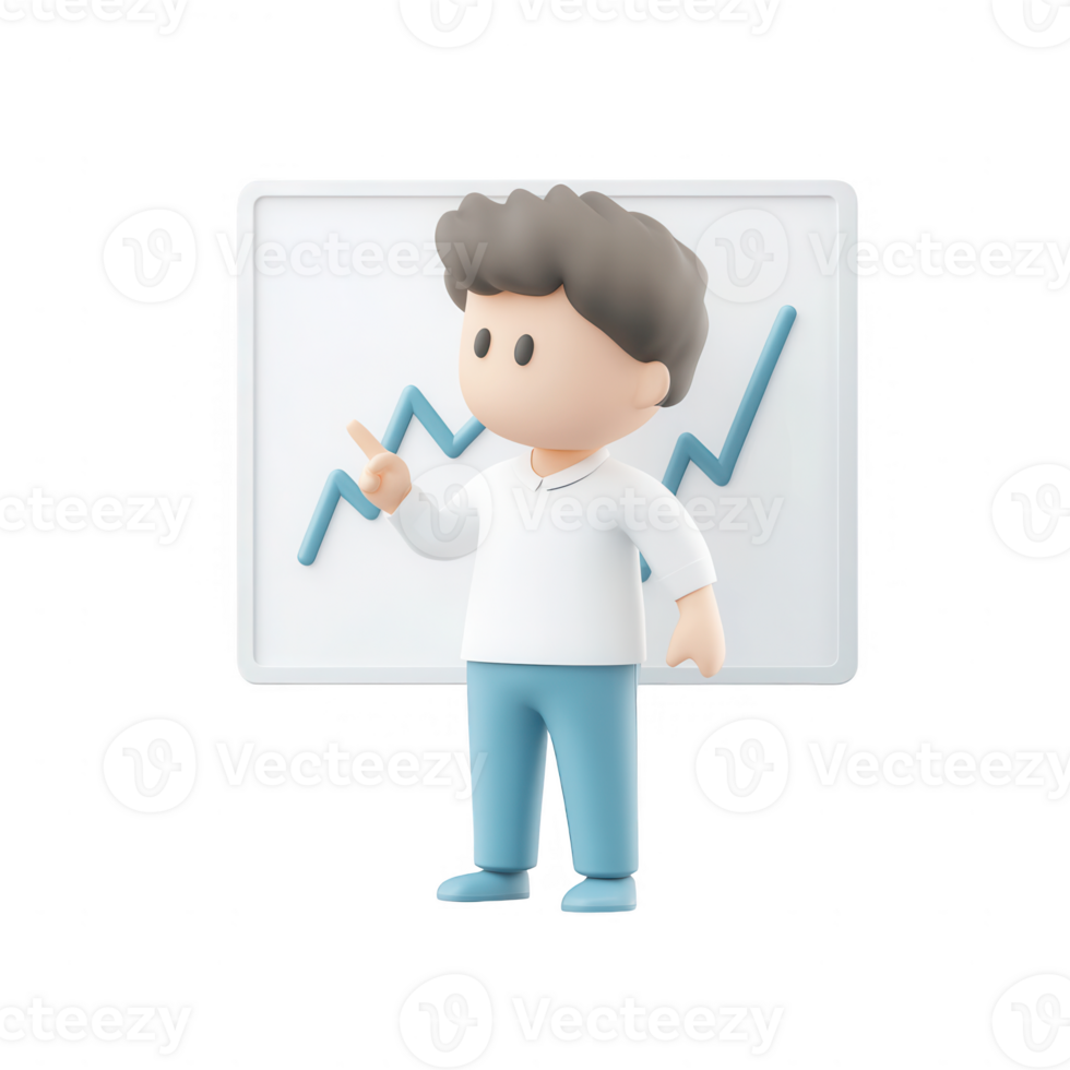 Stylized character presenting a growth chart, symbolizing success and analysis. png