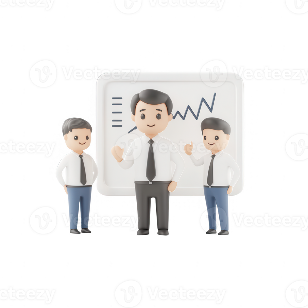 Three animated business characters celebrating success with a growth chart. png