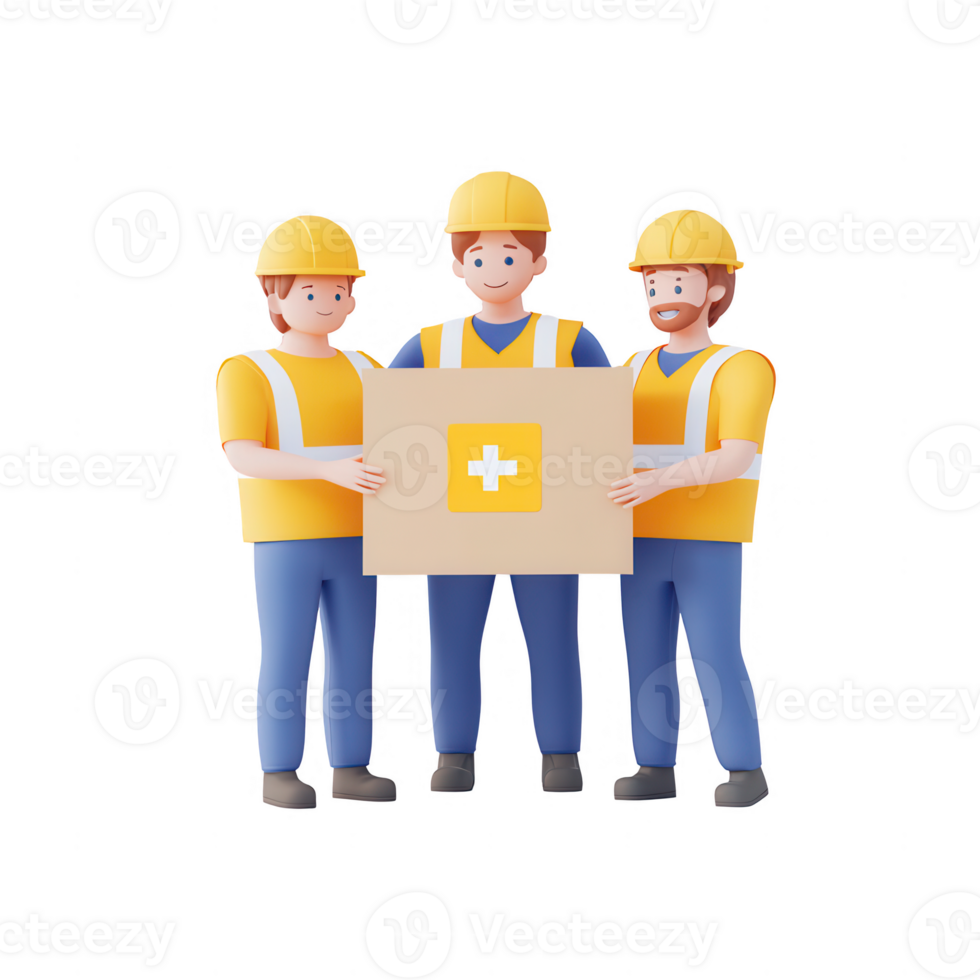 Three construction workers collaborating with a safety box for a project. png