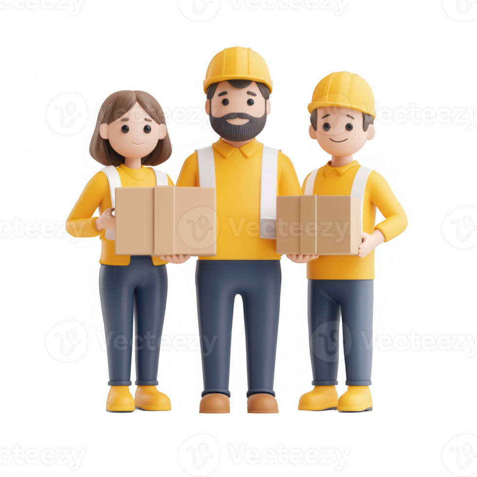 Three cartoon workers smiling while holding boxes in a warehouse setting. png