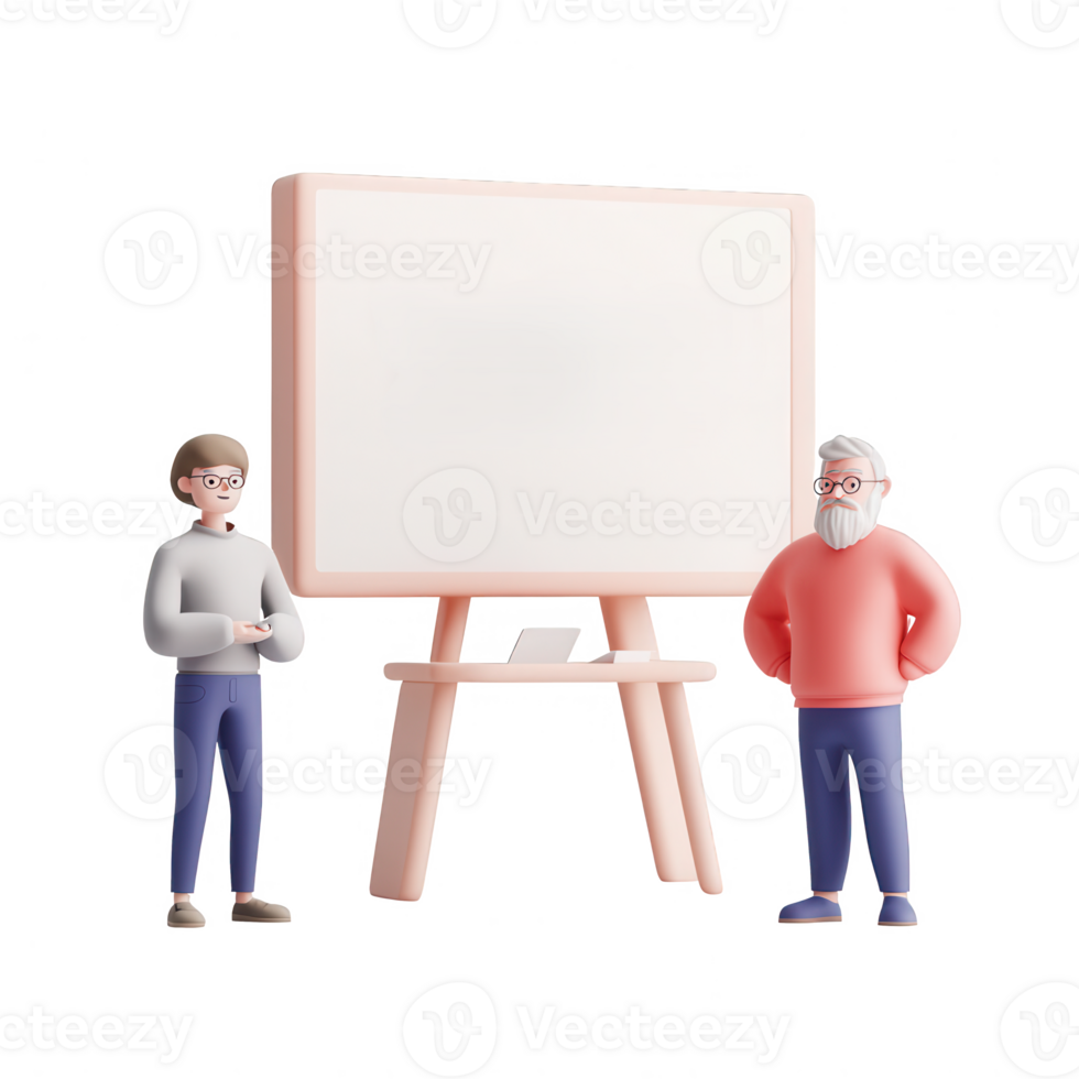 Two characters standing beside a blank presentation board for ideas and collaboration. png
