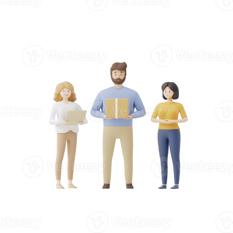 Three diverse individuals holding packages, representing teamwork and delivery service. png