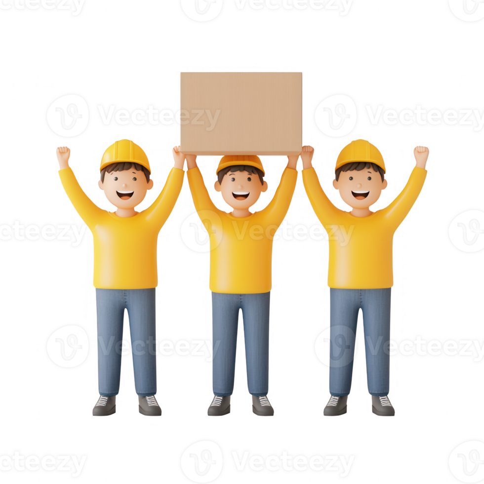 Three cheerful workers celebrating and holding a box in an office setting. png