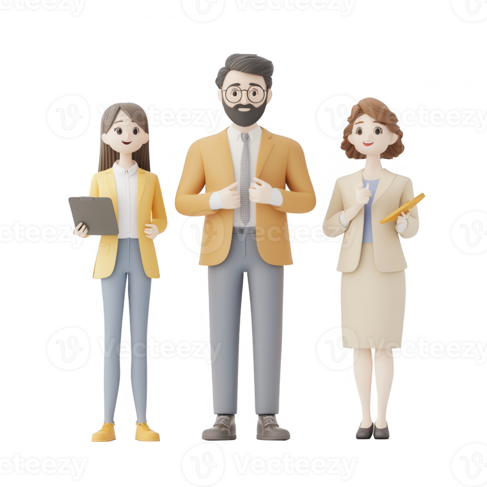 Three professional characters standing confidently in business attire, showcasing teamwork. png