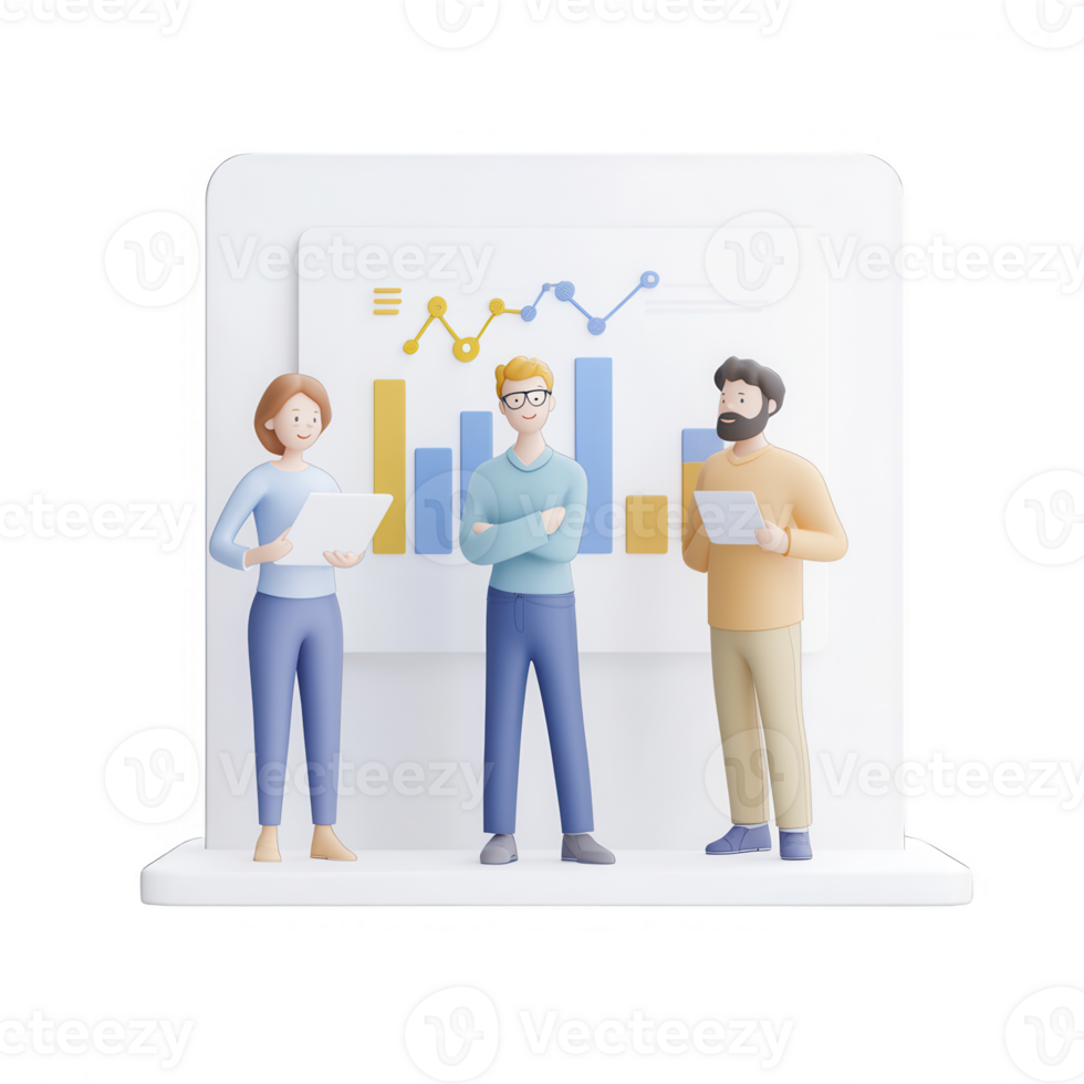 Three professionals collaborating on a project with charts and graphs in the background. png