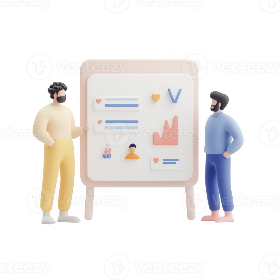 Two individuals discussing data analysis at a presentation board. png