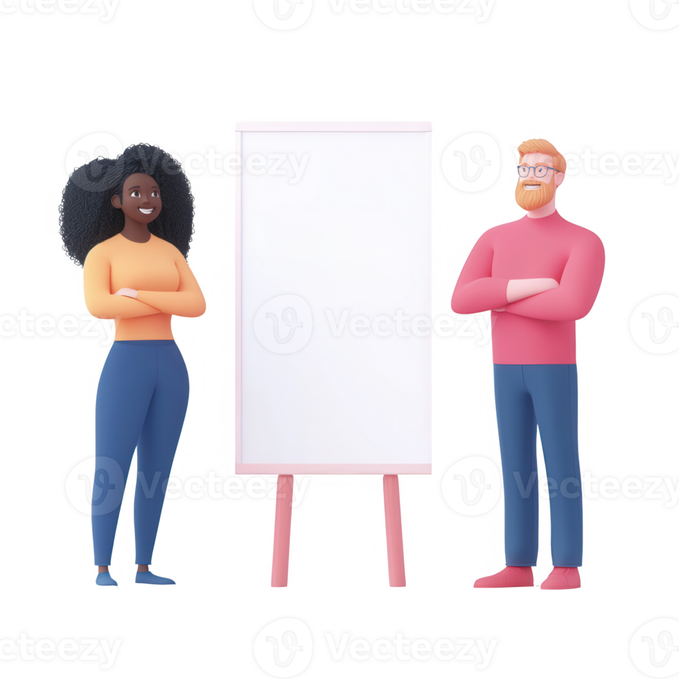 Two diverse professionals standing next to a blank whiteboard for brainstorming. png