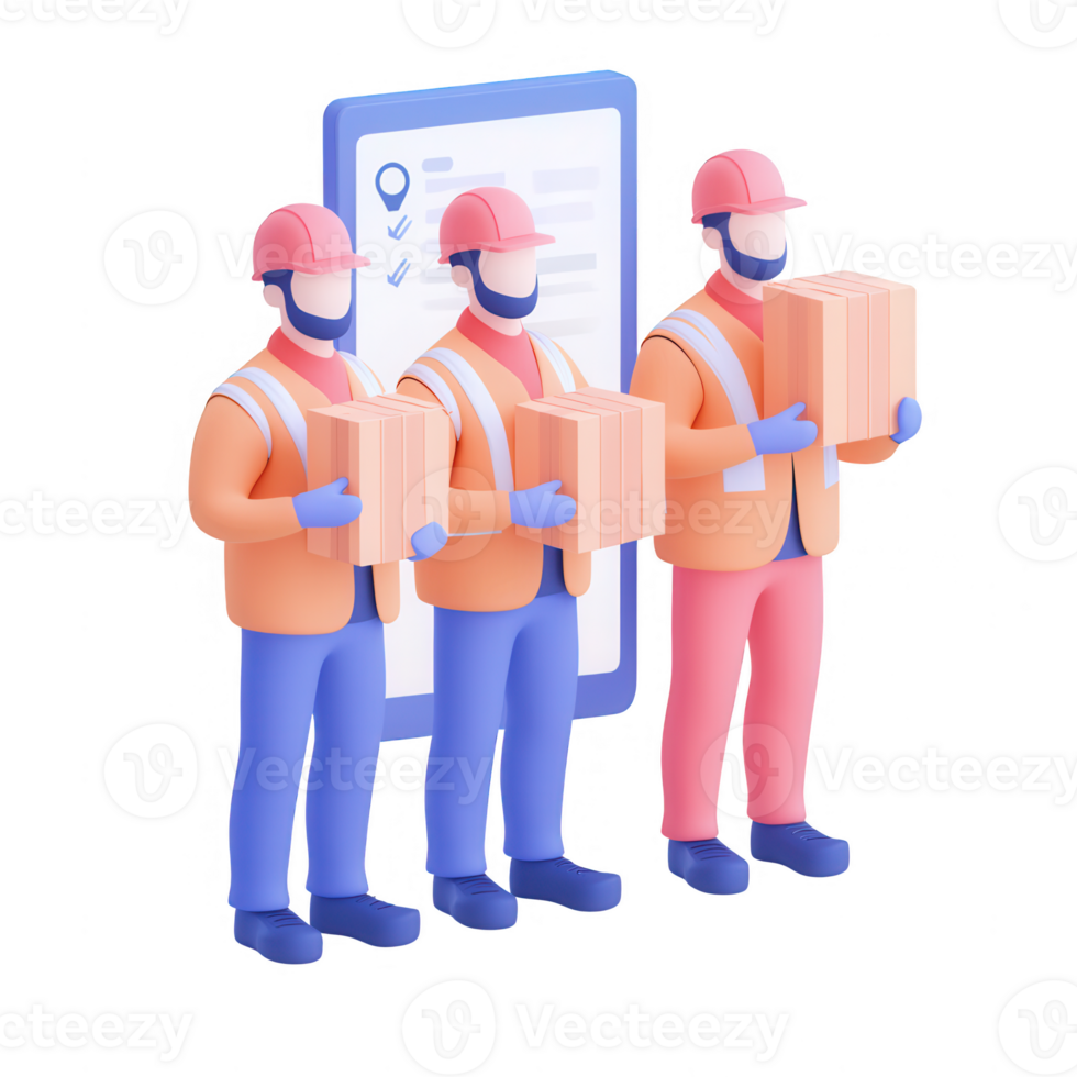 Three workers in helmets carry boxes, showcasing teamwork and logistics efficiency. png