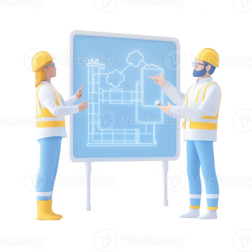 Two construction workers discussing blueprints and designs on a digital board. png