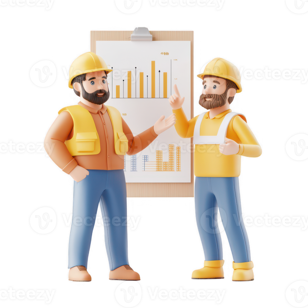 Two cartoon construction workers discussing project plans and statistics. png
