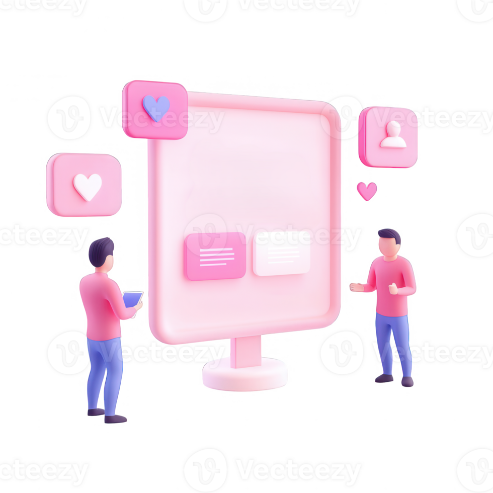 Two people interact with a digital screen showcasing social media icons and hearts. png