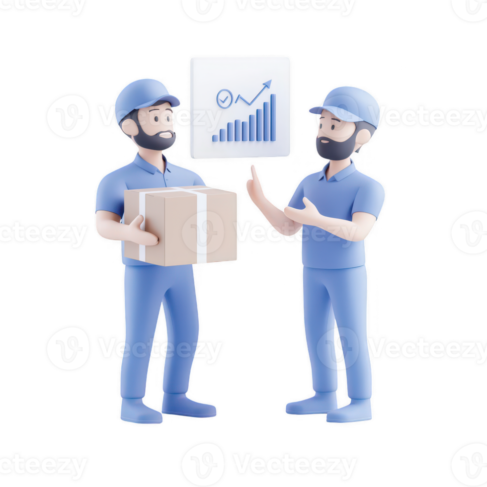 Two delivery workers discussing logistics with a growth chart and package in hand. png