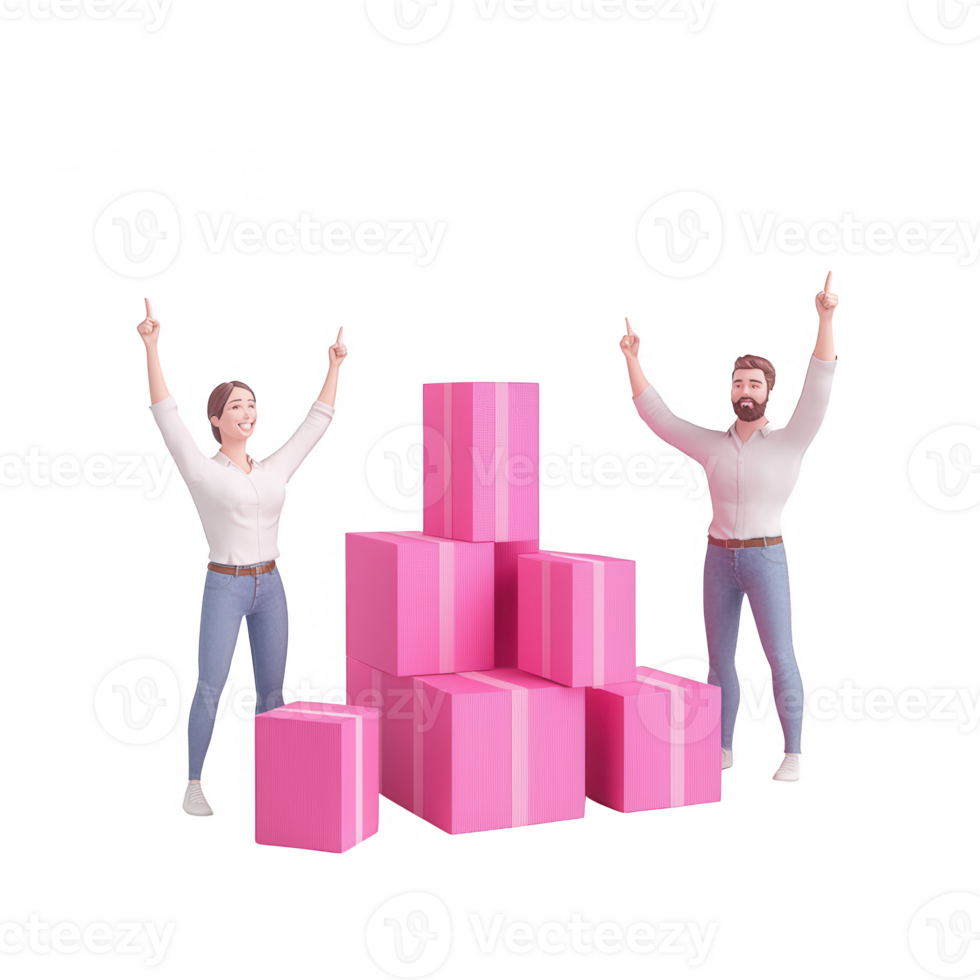 Two happy individuals celebrating success with pink gift boxes in a playful setting. png