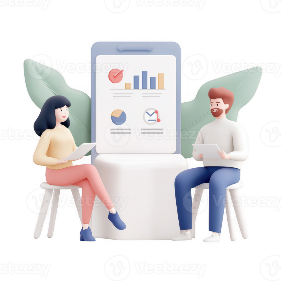 Two people discussing business data and charts in a modern workspace. png