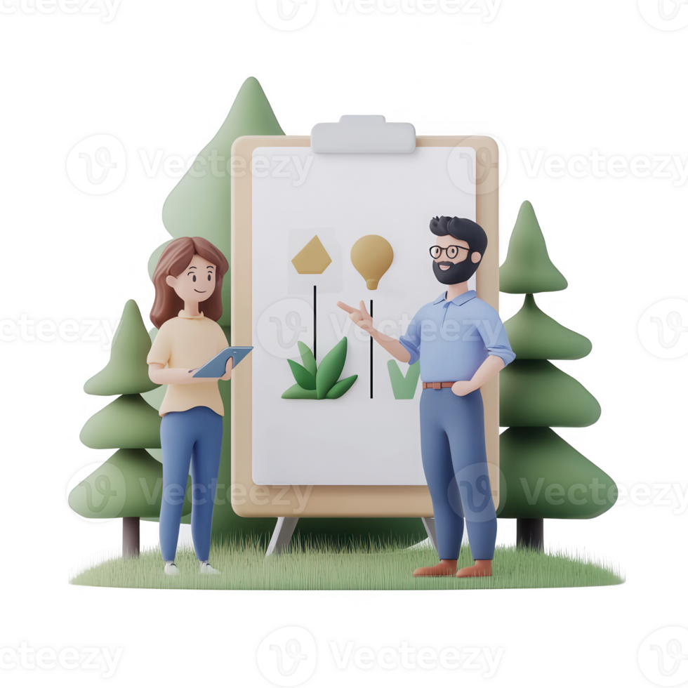 Two people discussing plant designs in a serene outdoor setting. png