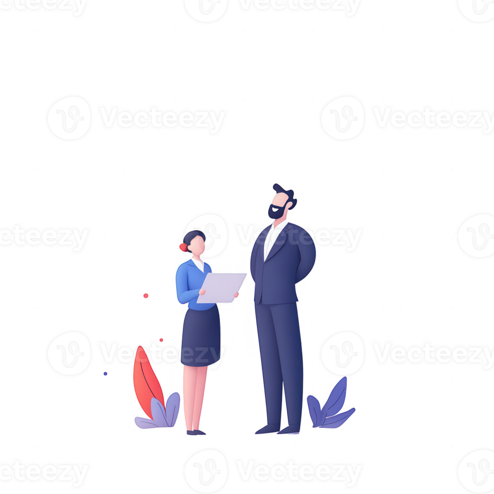 Two professionals discussing plans in a modern office setting, conveying teamwork. png
