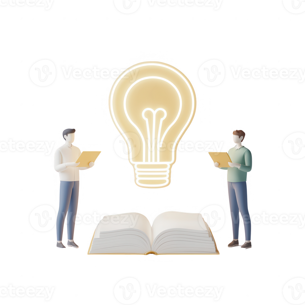 Two people reading a book with a glowing light bulb symbolizing ideas and creativity. png