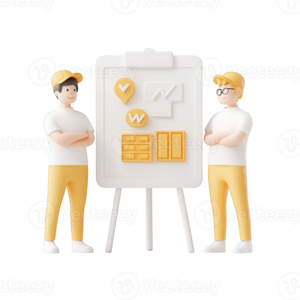 Two professionals discussing a project on a presentation board with graphics. png