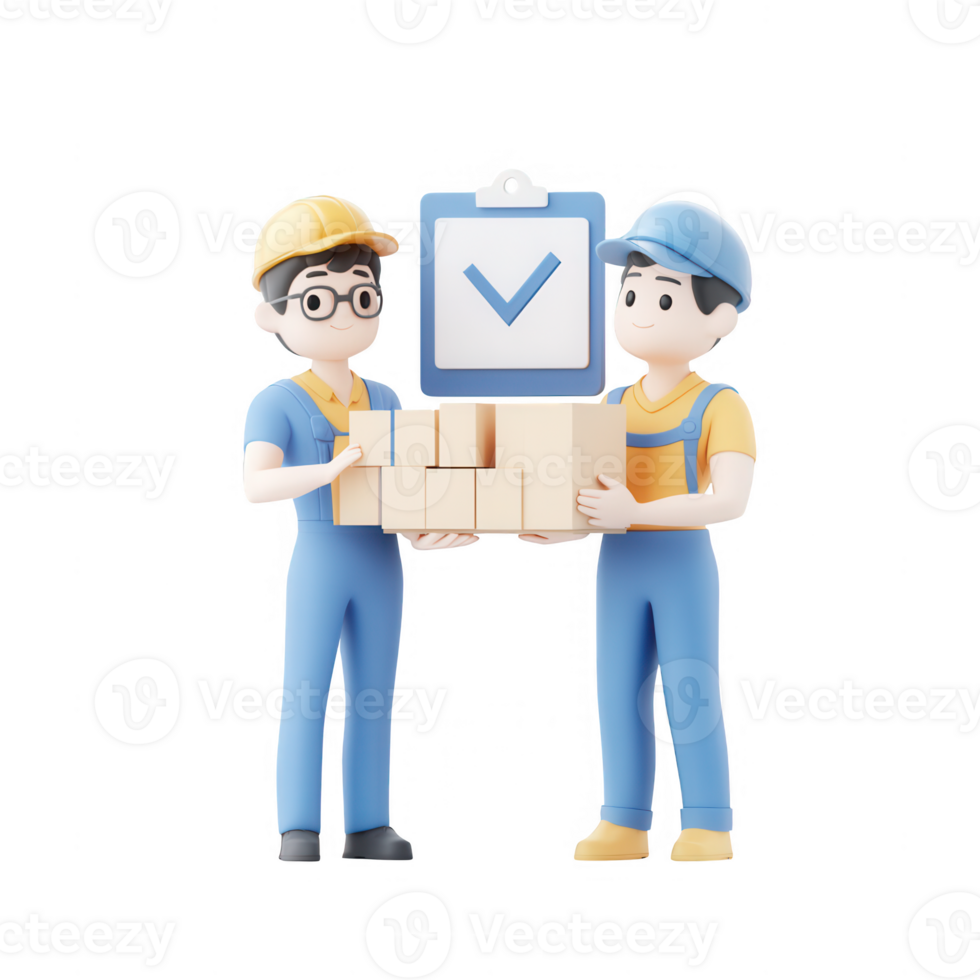 Two workers collaborating to ensure successful delivery processes with checklist. png
