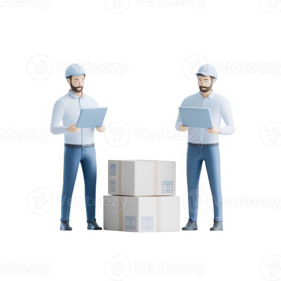 Two workers inspecting packages in a warehouse setting with safety helmets. png
