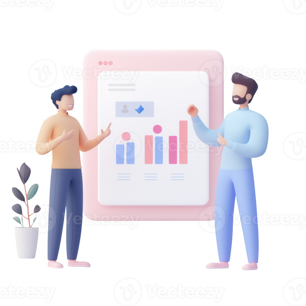 Two professionals discussing data analysis and performance metrics in a modern office. png