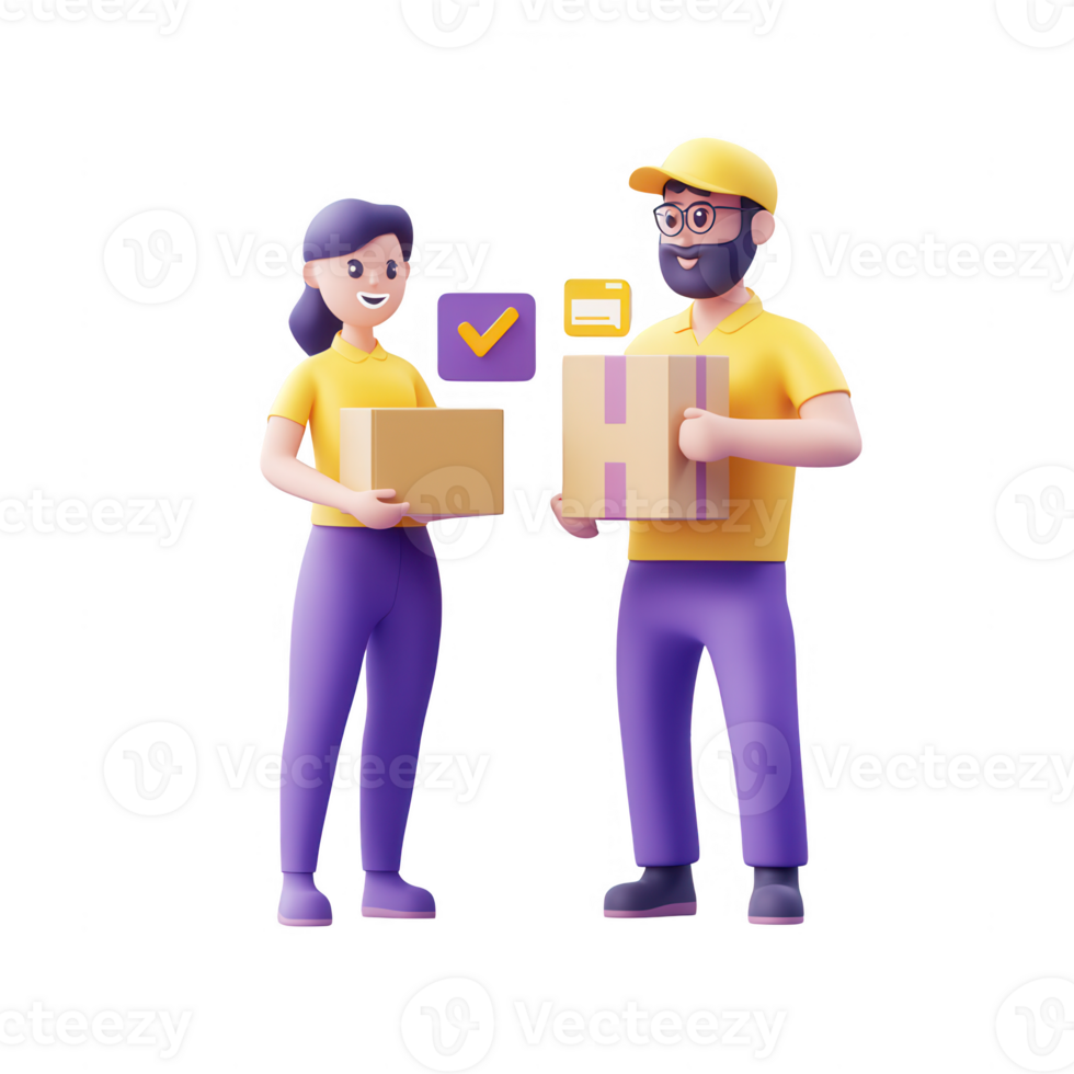 Two workers collaborating on a delivery, showcasing teamwork and logistics efficiency. png