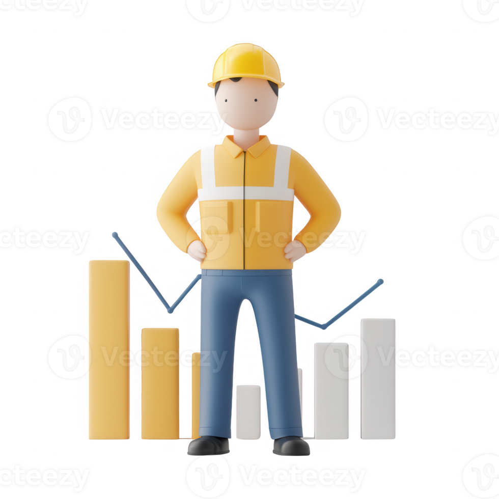 3D illustration of a worker with graphs representing growth and progress in industry. png