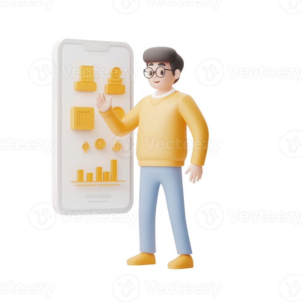 A 3D character interacting with a mobile app displaying data and analytics. png