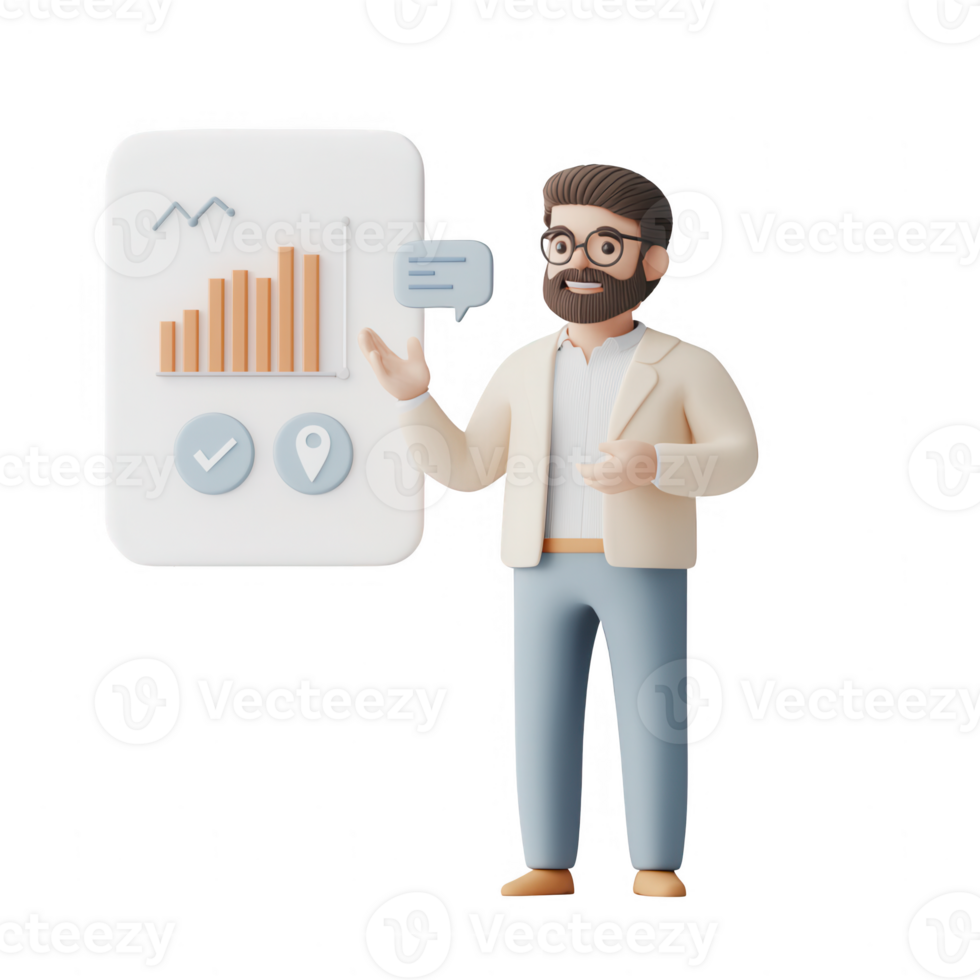 A 3D character presenting growth statistics with charts and speech bubble. png