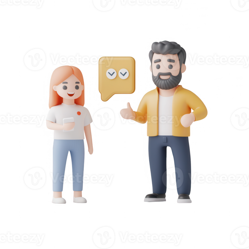 Two 3D characters having a friendly conversation with speech bubbles. png