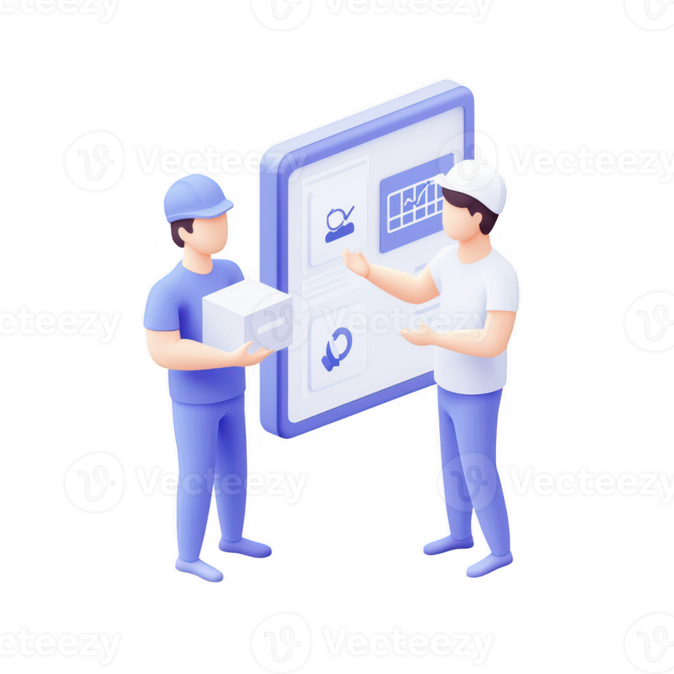 Two workers discussing logistics in a modern workspace, focused on efficient delivery. png
