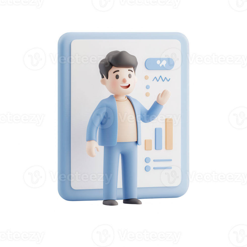 A 3D character presenting data analytics on a digital screen. png