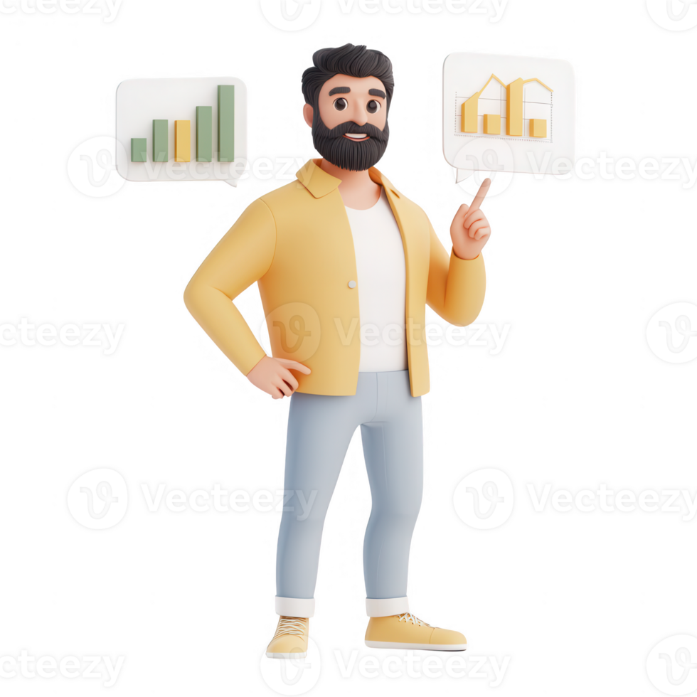A 3D character representing business growth and analytics with graphs. png