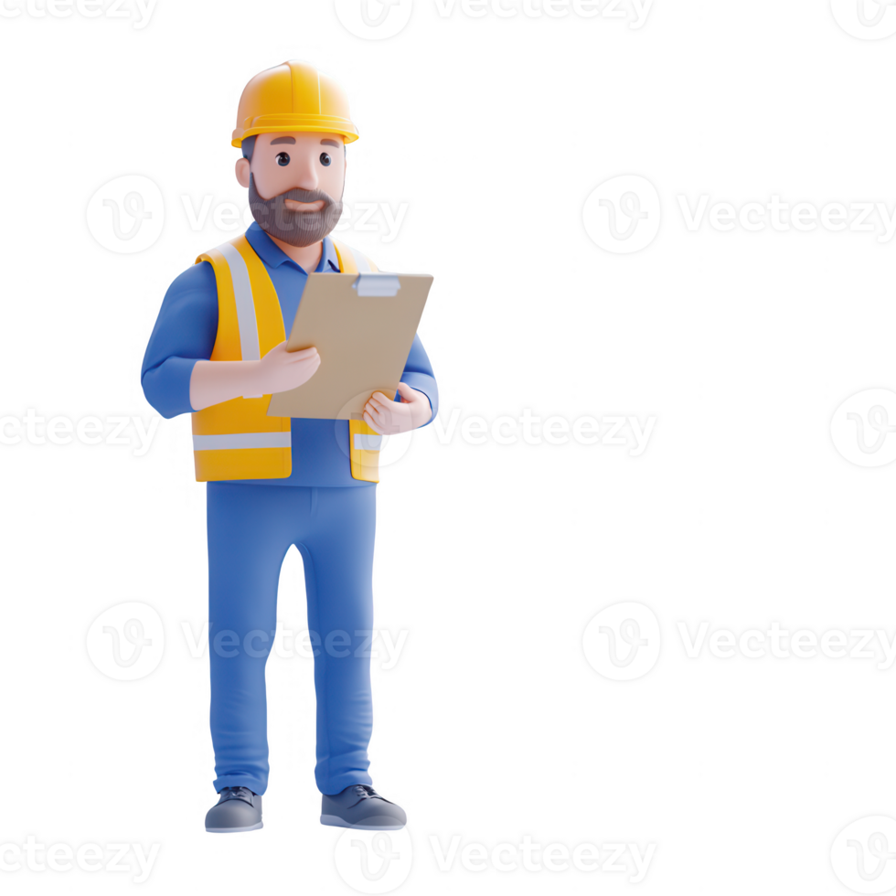 A 3D construction worker holding a clipboard, ready for site inspection. png