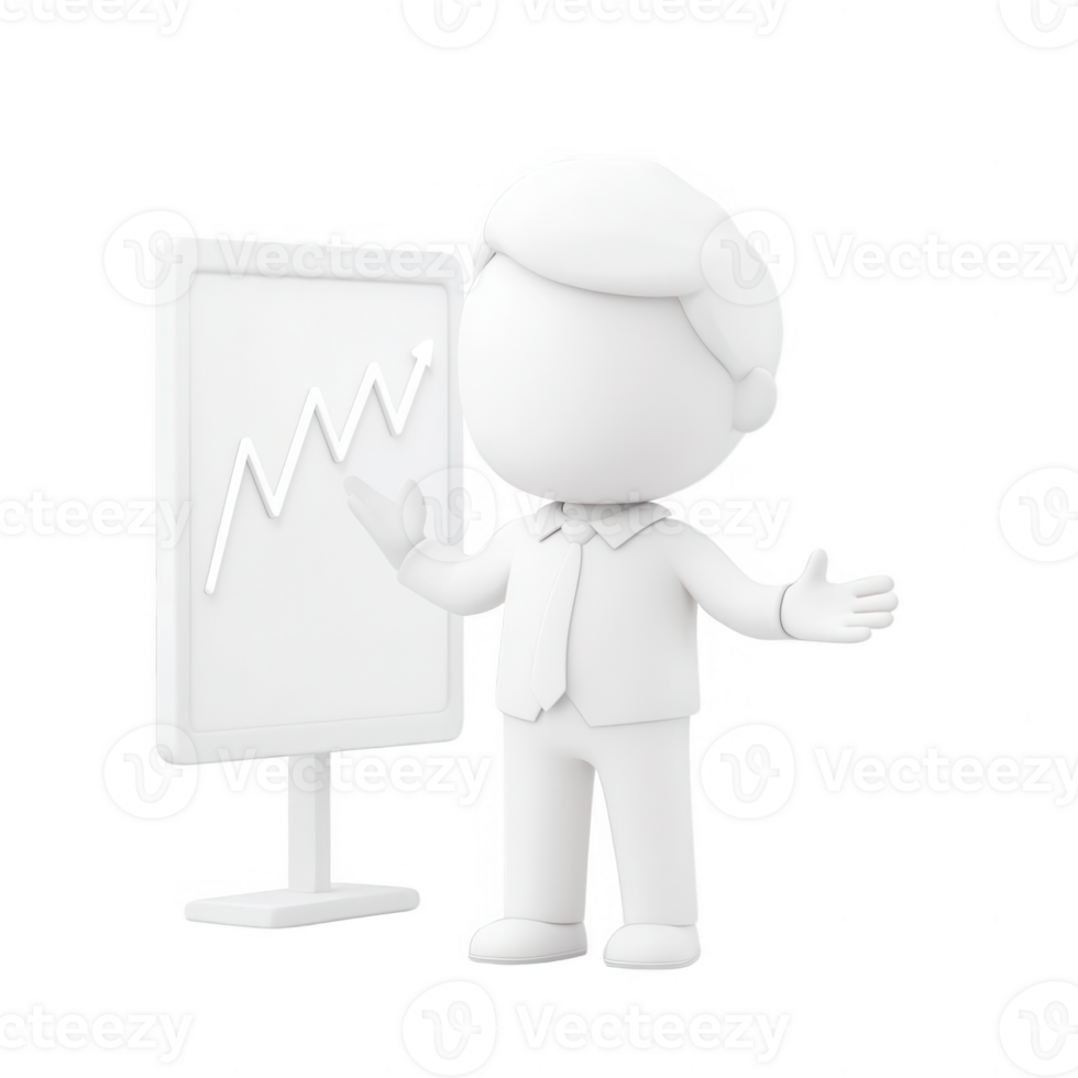 A business character presenting a growth chart on a digital screen. png