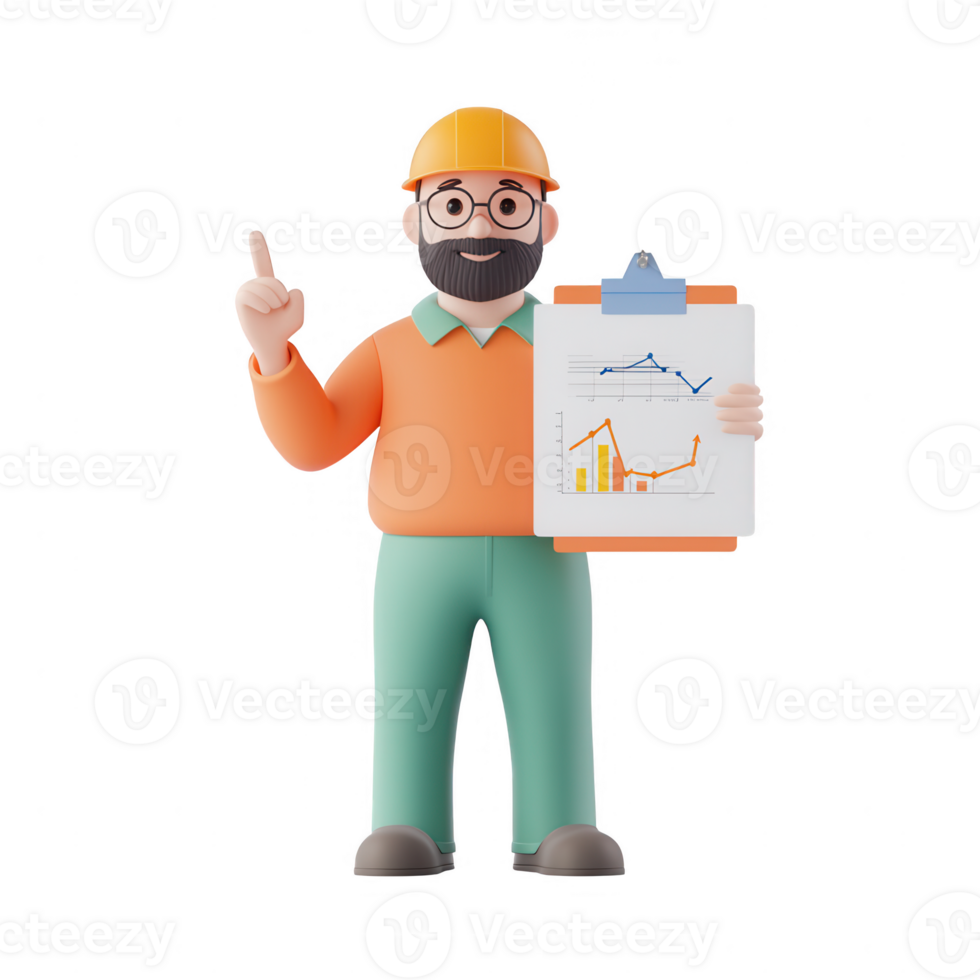 A cartoon construction worker presenting growth statistics with confidence. png