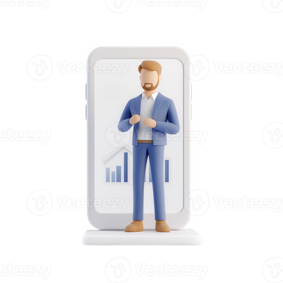 A businessman standing confidently in front of a smartphone with growth charts. png